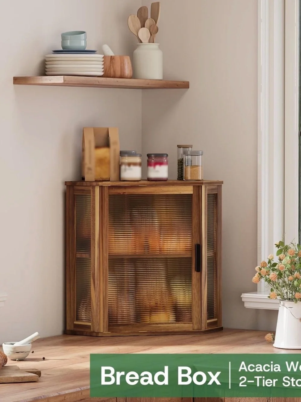 Wood Tone Corner Cabinet with Ribbed Glass Door